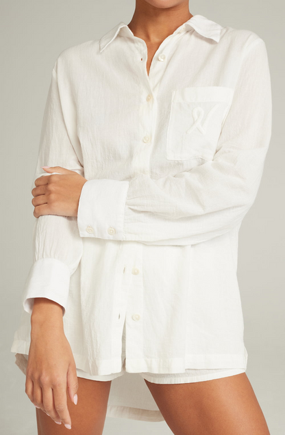 قميص بيجاما ميدي مخطط من القطن العضوي 100٪ باللون الأبيض 